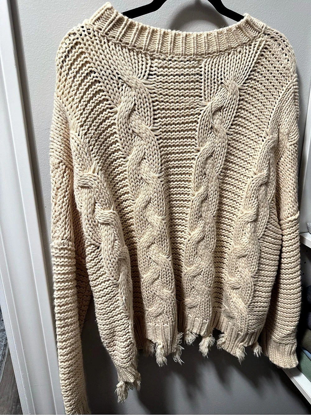 HYFVE Distressed Cable-Knit Round Neck Long Sleeve Sweater Fringe Sweater Cream
